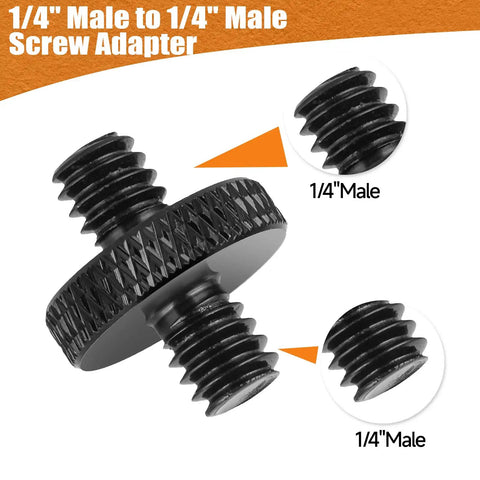 Four Pack One Quarter Inch Male To One Quarter Inch Male Tripod Screws, Double Head Converter close-up view, precision steel hardware