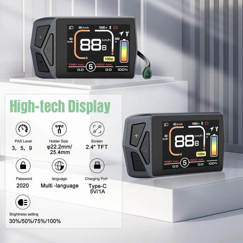 2.4 Inch TFT E-Bike Display for BAFANG CAN Bus Mid Motor EKD01 Screen With 5PIN Male Triangle Connector Plug-and-Play Ebike Conversion Kit Panel IPS Color LCD 0-9 PAS Levels Ride Data Battery Status Beginner Friendly