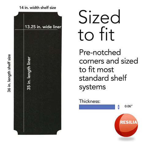 Heavy Duty Shelf Liner Set For Wire Shelving Rack 5 Pack 14 Inch Long 36 Inch Wide Black Plastic Vinyl Covers That Keep Tools And Pantry Goods From Slipping No Fuss Pre Cut No Scissors Needed with dimensions and features shown