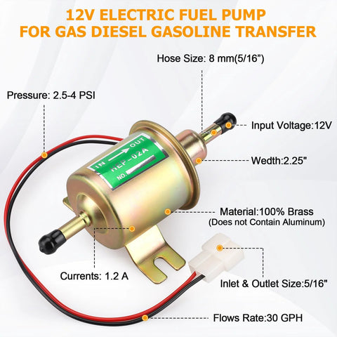12V Inline Fuel Pump Low Pressure Transfer For Motorcycle Carburetor Lawn Mower Gas Or Diesel Engine Universal 2.5-4 Psi 70 Liters Per Hour 30 GPH 8mm Hose Easy DIY Install Go-To Upgrade