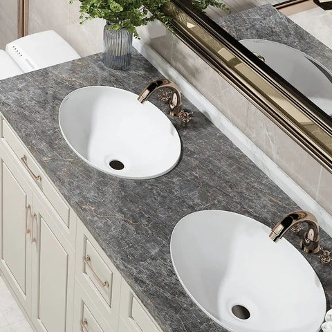 Bathroom counter with Marble Contact Paper Peel And Stick Countertop Cover Self Adhesive Vinyl Laminate Waterproof Kitchen Countertop Wrap 15.8x394 Inches DIY Friendly Fully Removable Trims To Fit Dark Green Grey Marble Look