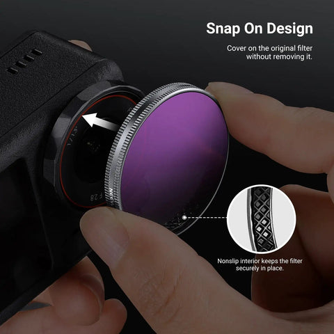 Close-up of snap-on ND filter installation on Osmo Action ND Filter Set For 5 Pro 4 And 3 4 Pack Includes ND8 ND16 ND32 Plus CPL Polarizer Snap On Lens Cap Action Camera Accessories For Sharper Clearer Outdoor POV Shots