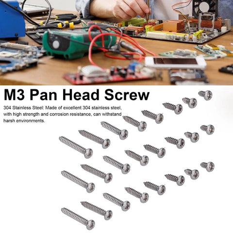 200 Pack M3 Pan Head Self Tapping Screws Built Like A Tank With Solid 304 Stainless Steel on a workbench for DIY projects.