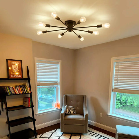 8 Light Matte Black Semi Flush Mount Ceiling Fixture With Dope Vintage Industrial Farmhouse Vibe for living room