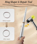 Complete Jewelry Sizer Kit With Ring Mandrel And Bracelet Mandrel Rubber Hammer And Stainless Steel Sizers showing ring reshaping tool.