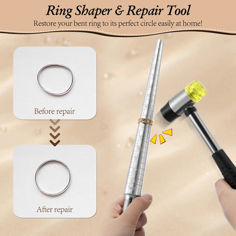 Complete Jewelry Sizer Kit With Ring Mandrel And Bracelet Mandrel Rubber Hammer And Stainless Steel Sizers showing ring reshaping tool.