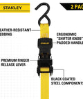 One Inch By Ten Foot Ratchet Tie Down Straps, 500 Pound Safe Working Load, 1,500 Pound Break Strength, 2 Pack, on white background