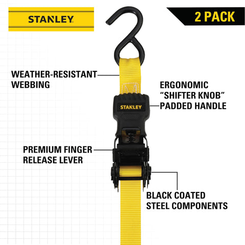 One Inch By Ten Foot Ratchet Tie Down Straps, 500 Pound Safe Working Load, 1,500 Pound Break Strength, 2 Pack, on white background