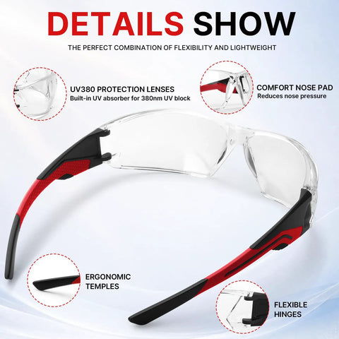 Real Deal Clear Safety Glasses For Men Bulk Pack Featuring Ansi Z87.1 Compliance Wrapping Design And Shatter Resistant Polycarbonate Lenses with UV380 protection and ergonomic temples.