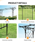 Product details of sturdy steel garden archway for weddings and yard vibes, showing flat top, lattice panels, nails, and design.
