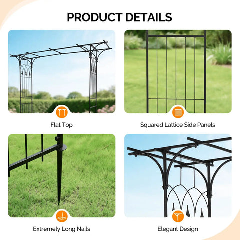 Product details of sturdy steel garden archway for weddings and yard vibes, showing flat top, lattice panels, nails, and design.