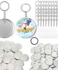 Epic 58mm Button Maker Kit for Keychains with 100 sets of badge shells, top covers, clear films, chain heads, and finished button