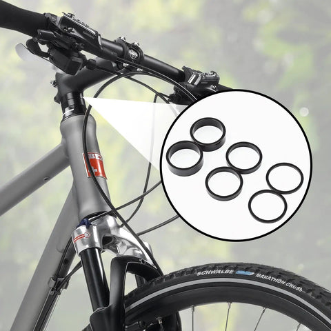 Image showing a bicycle with a 9 Piece Bicycle Headset Spacers Set for 1 And 1 Eighth Inch Steerer, Aluminum Alloy, Three Sizes, Black.