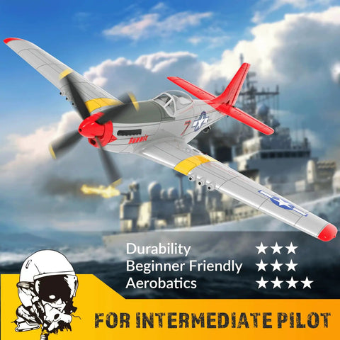 Four Channel RC Plane P51 Mustang Ready To Fly With X Pilot Stabilization And One Key Aerobatics in flight over a battleship.