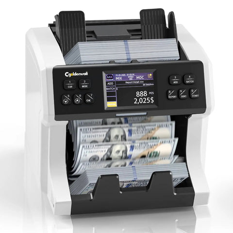 Money Counter Machine With Mixed Denomination And Bank Grade Cash Handling, features digital display and cash sorting trays
