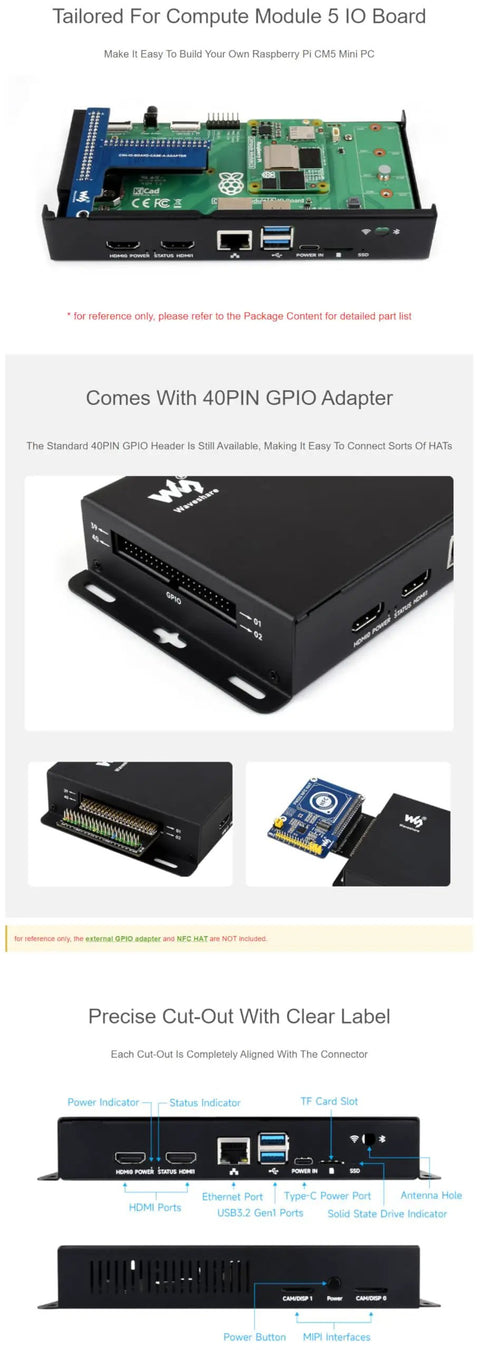 Beefed Up Metal Case For Compute Module 5 IO Board CM5 With Cooling Fan, Dustproof Enclosure, 40-Pin GPIO Adapter, Wall Mount Ready