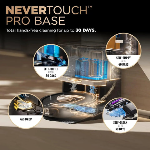 Robot Vacuum And Mop Combo With PowerDetect NeverTouch Pro Hands Free Self Emptying And Refill Self Clean Pad Wash And Dry 60 Day Capacity 30 Day Refill Tank Renewed RV2820ZE showing self-emptying and refill features