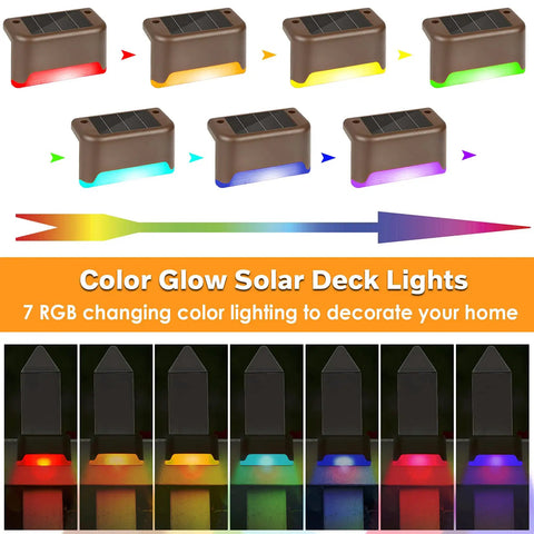 16 Pack Solar Deck Lights Outdoor Color Changing LED Waterproof Pathway Lights For Stairs Patio Yard Garden Fence Porch Decor With Romantic RGB Glow For Any Outdoor Party, shown with color changing options
