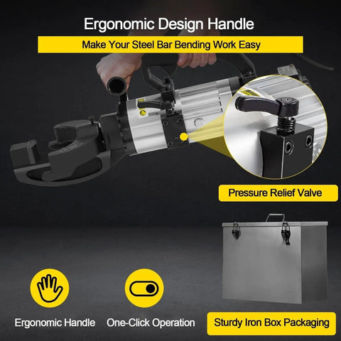 Ergonomic handle and pressure relief valve of Heavy Duty 1500W Electric Rebar Bender Hydraulic Steel Bar Bending Machine.