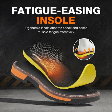 Cutaway view of ergonomic insole from Men's Steel Toe Work Boots With Dual Layer Toe Protection And TPU Shield Non Slip Water And Oil Resistant Safety Boots For Industrial Jobs Welding And Warehouse EH Protected And Built To Last, showcasing yellow and black layers, highlighting fatigue-easing design.