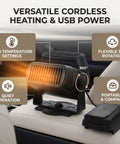 Portable Battery Powered Space Heater With Dual Usb Charging And Two Adjustable Temp Levels For Kickin Quiet Warmth Featuring A 360 Degree Rotating Head used in a car with two temp settings.