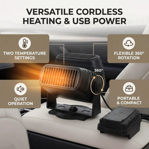 Portable Battery Powered Space Heater With Dual Usb Charging And Two Adjustable Temp Levels For Kickin Quiet Warmth Featuring A 360 Degree Rotating Head used in a car with two temp settings.