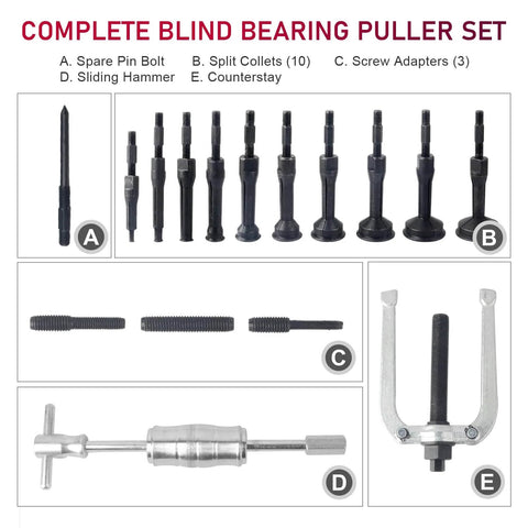 Blind Hole Collet Bearing Puller Set With Slide Hammer 16 Piece Inner Bearing Extractor Kit showing various components.