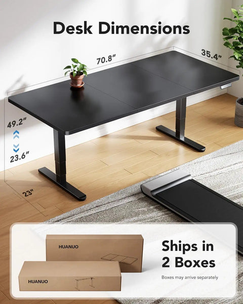 Huanuo 70x35 Inch Electric Standing Desk With Three Stage Brushless Motor Black showing dimensions of 49.2 to 23.6 inches.