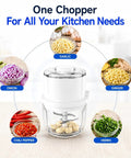 Mini Electric Garlic chopper with 350ml Thick Glass Bowl and Upgraded 6 Stainless Steel Blades on kitchen table.