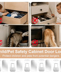 Ultra Thin Magnetic Cabinet Door Latches Hold Super Tight With Heavy Duty Adhesive For Kitchen, Bathroom & RV Cabinets Without Drilling Any Holes No Installation Hassle At All In This 12 Pack Set Silver Finish shown in child safety context.
