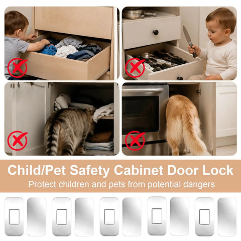 Ultra Thin Magnetic Cabinet Door Latches Hold Super Tight With Heavy Duty Adhesive For Kitchen, Bathroom & RV Cabinets Without Drilling Any Holes No Installation Hassle At All In This 12 Pack Set Silver Finish shown in child safety context.