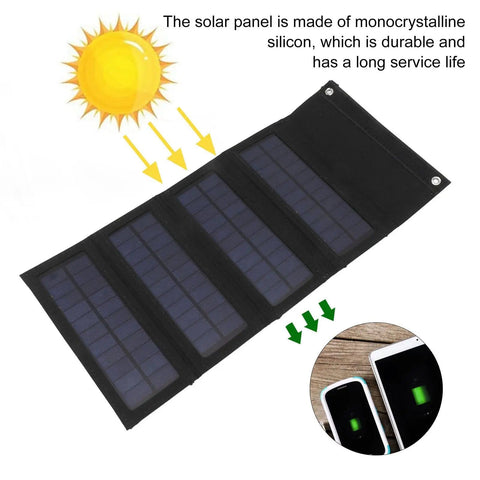 40W Foldable Solar Panel Charger With USB Output For Laptop On The Go Portable Solar Power For Outdoor Camping And Hiking Emergency Backup Monocrystalline Cells Black, showing panel and charging phone.