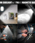 Magnetic Rechargeable Flashlight With Beast Bright LED Beam, USB C Charging, illustrating four uses including car and bike repair.