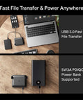 Roam 7 BE3600 Portable Travel Router next to a laptop showing USB 3.0 fast file transfer and power bank support.
