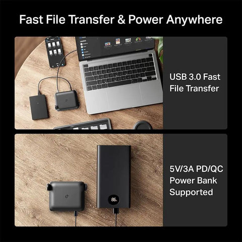 Roam 7 BE3600 Portable Travel Router next to a laptop showing USB 3.0 fast file transfer and power bank support.
