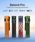 Baton4 Pro EDC Flashlight Tiny Pocket Sized 1600 Lumen LED Light in four colors against a sunset horizon.