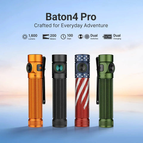 Baton4 Pro EDC Flashlight Tiny Pocket Sized 1600 Lumen LED Light in four colors against a sunset horizon.