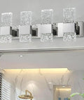 Modern LED Bathroom Vanity Light Fixtures Sleek Dope Chrome Stainless Steel Four Light Wall Sconces Over Mirror 28 Inch Dimmable 40W Crystal Cool White 5800K With Corrugated Crystal Design For Bright Elegant Bathroom Update