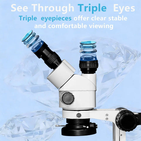 Trinocular Microscope With Awesome 4K Camera Kit 7X To 45X Zoom Eyepieces 0.5X Photo Eyepiece Ergonomic Stand USB Control Mouse And 60 LED Ring Light, side view