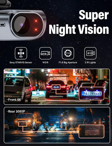 4K Front And Rear Dash Cam With Fast 5GHz WiFi Hands Free Voice Control Crystal Clear Footage at night with super night vision.