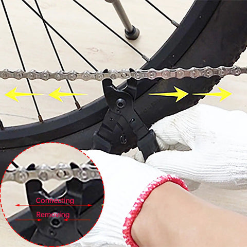 Hands using master link pliers from the Road Ready Bike Chain Repair Tools Set With Master Link Pliers, Chain Breaker And Checker.