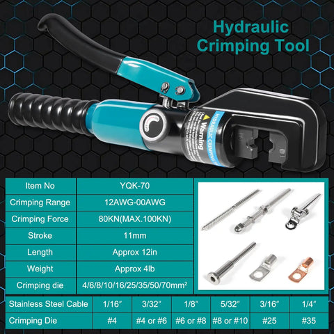 Pro Grade 10 Ton Hydraulic Crimping Tool With 9 Dies For Battery Cables And Wire Rope Crimper For 12 AWG To 2/0 AWG