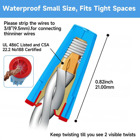Cross-section of Waterproof IP65 Wire Electrical Connectors 22 AWG To 14 AWG showing wire twist connection and silicone seal.