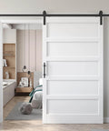 48 By 84 Inch White Barn Door With 8 Foot Sliding Hardware Kit Included And Handle MDF And PVC Surface Durable Water Proof And Scratch Proof Finish DIY Assembly 5 Panel Style Fits 45 To 47 Inch Opening installed view