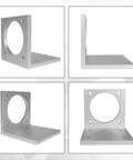 Front view of silver L-shaped aluminum motor bracket with large circular opening for Nema34.

Side view of silver L-shaped aluminum motor bracket with flat base and mounting holes.

Angled view of aluminum L-bracket showing vertical plate with circular opening and base mounting holes.

Front-facing square mounting plate with circular hole and four mounting holes.