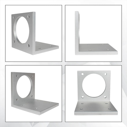 Front view of silver L-shaped aluminum motor bracket with large circular opening for Nema34.

Side view of silver L-shaped aluminum motor bracket with flat base and mounting holes.

Angled view of aluminum L-bracket showing vertical plate with circular opening and base mounting holes.

Front-facing square mounting plate with circular hole and four mounting holes.