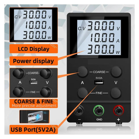 30V 10A 5A Adjustable Lab DC Power Supply With Dual Display For Pro Grade Tech Nerds, showing LCD and USB ports.