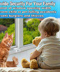 Child and cat sitting by window with Six Pack Sliding Window Lock With Key Aluminum Alloy Adjustable Security Lock installed.