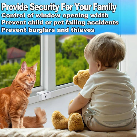 Child and cat sitting by window with Six Pack Sliding Window Lock With Key Aluminum Alloy Adjustable Security Lock installed.