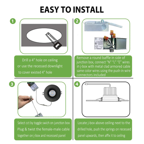 Easy installation guide for Canless Recessed Gimbal Downlight Kit For 20 Ft Ceilings, 1200 Lumens, 4 Inch 15W LED, illustrated steps